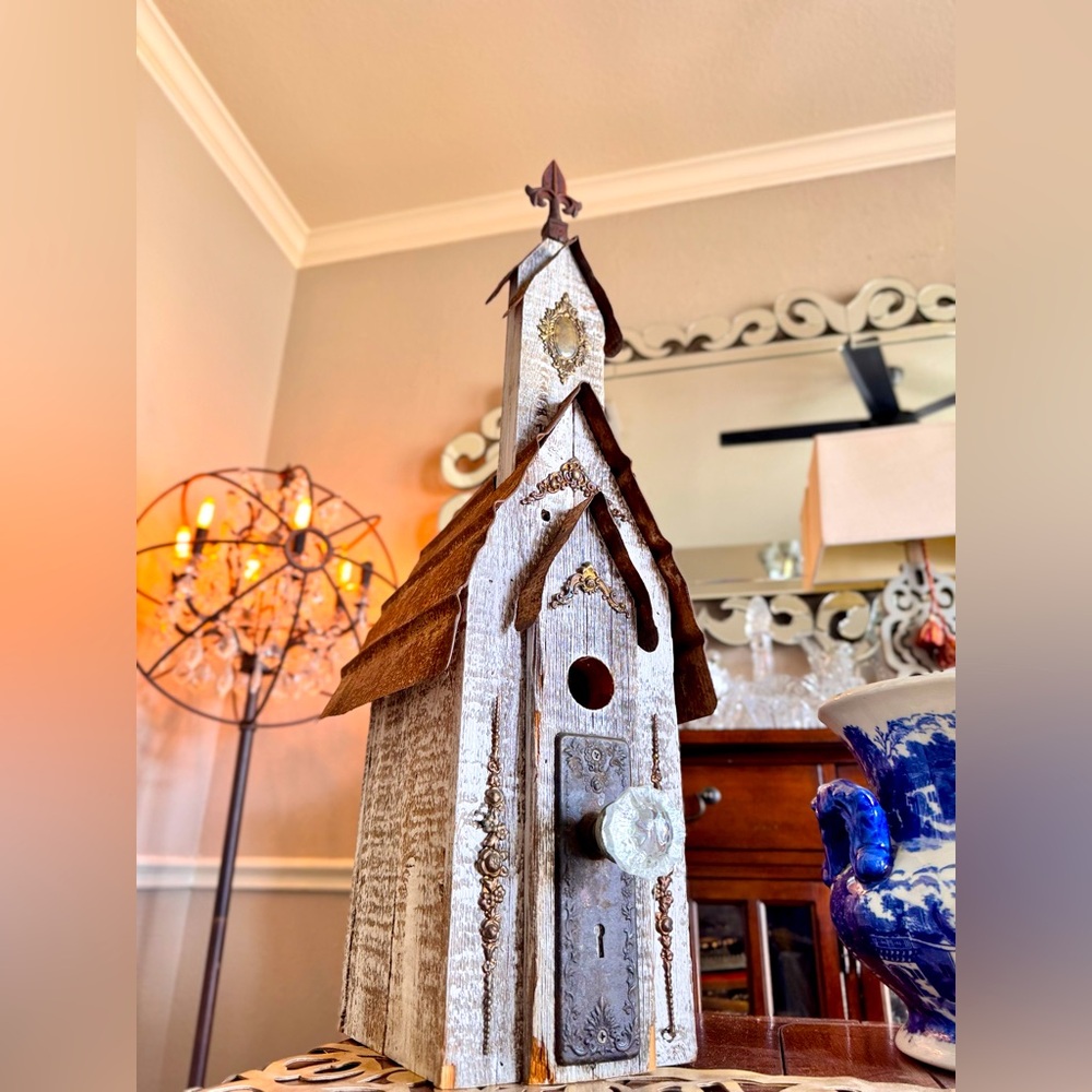 SHABBY CHIC Oversized Rustic Farmhouse Whitewashed Wooden Birdhouse Church